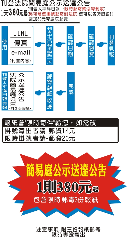 刊登送達公告 刊登送達公告